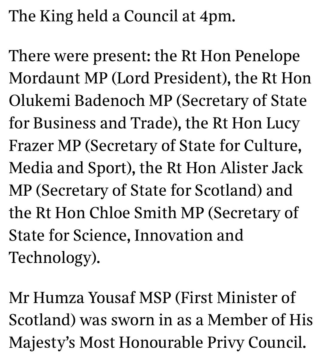 Constitut_alia's tweet photo. The King held a Privy Council meeting yesterday afternoon. The First Minister of Scotland was sworn as a Privy Counsellor, and Chloe Smith was sworn in as a Secretary of State. Penny Mordaunt presided (without a sword). https://t.co/gyC0UO2bxr
