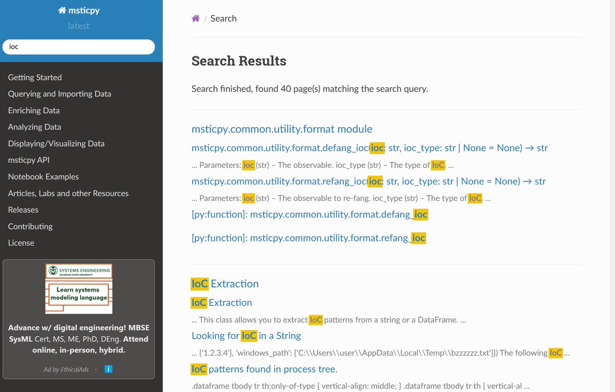 Had a report that the search in MSTICPy ReadtheDocs was broken (apparently broken for a while due to a bug in the ReadTheDocs template.
Happy to report that this is now fixed.
msticpy.readthedocs.io