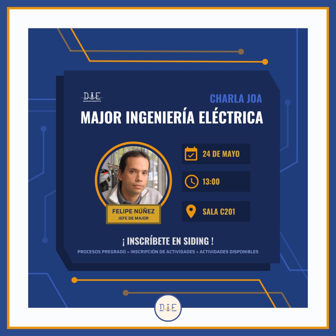 REPOST || Instagram <a href="/UcElectrica/">Departamento de Ingeniería Eléctrica UC</a> ||

Acompáñanos el día miércoles 24 en la Charla de Major de Eléctrica⚡️donde además de conocer sobre el Major, podrás conocer acerca de las diversas áreas de especialización de eléctrica y su amplia variedad de aplicaciones💡🤩

Te esperamos!