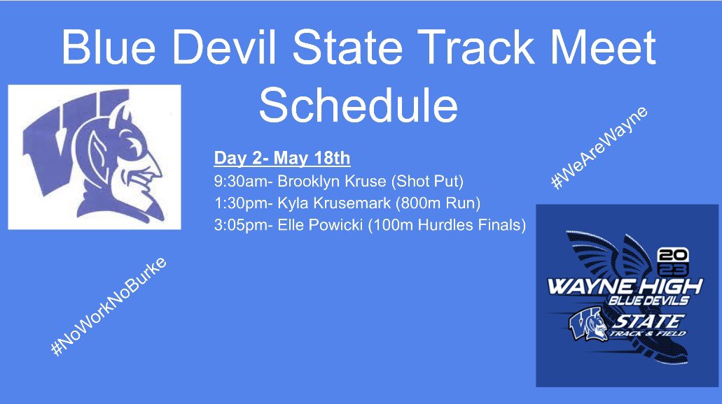 wayne_track's tweet photo. Your Blue Devil track athletes are back in action tomorrow May, 18th, at 9:30am. Brooklyn Kruse starts the team off in the shot put!
#WeAreWayne
@WayneSchools https://t.co/ps6kvgtjYM