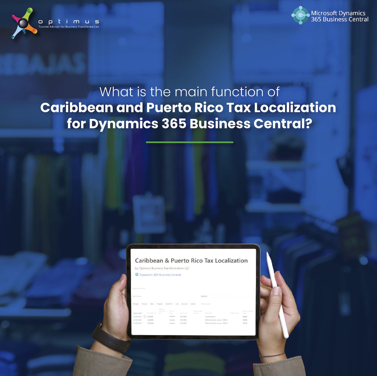 OptimusPro_'s tweet image. Caribbean and Puerto Rico Tax Localization for Dynamics 365 Business Central is a solution developed by Optimus Business Transformation that enables companies to comply with laws and regulations required by the Department of the Treasury. 
 
#MicrosoftDynamics365 #MicrosoftCRM