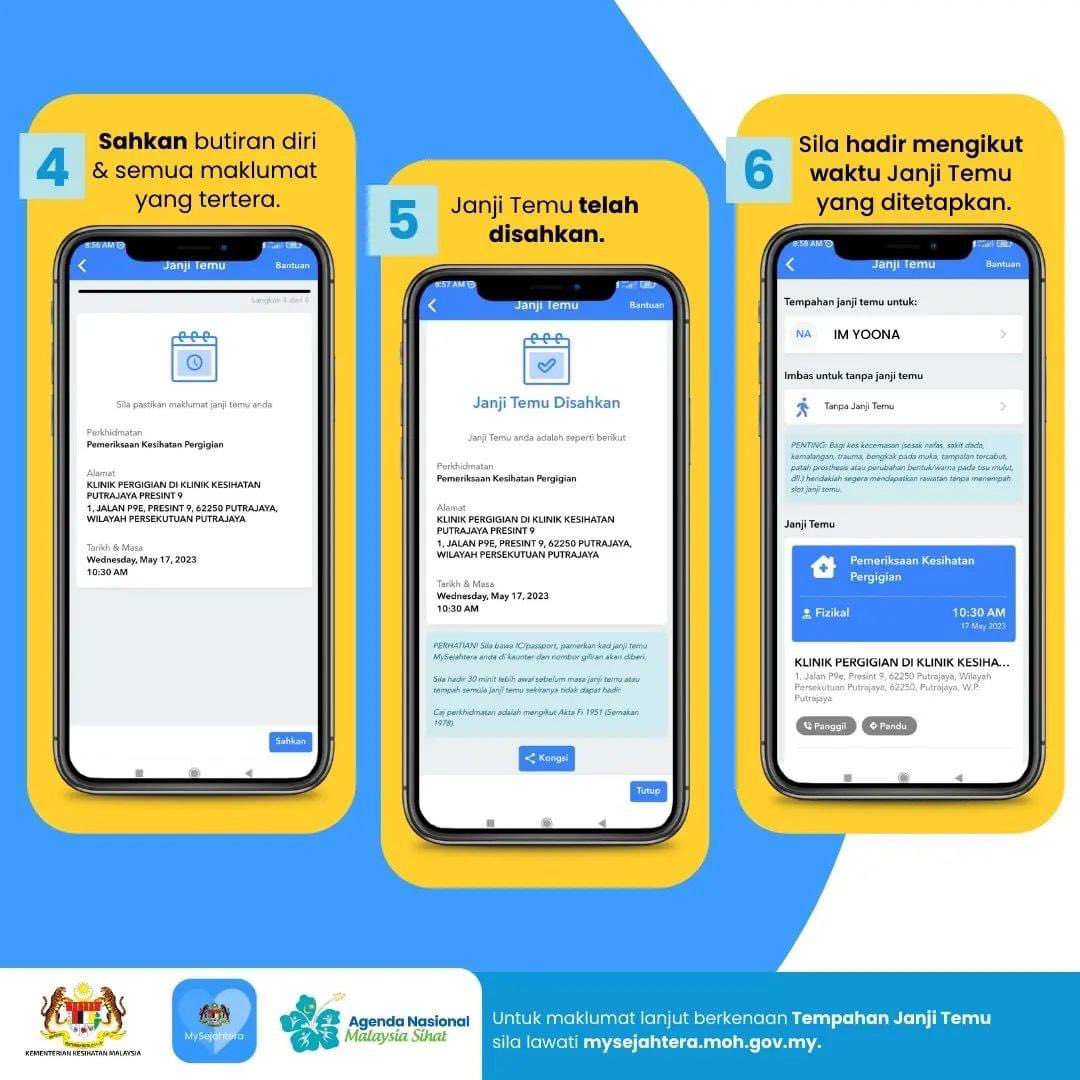 Kini anda boleh menempah slot janji temu Perkhidmatan Pemeriksaan Kesihatan Pergigian di seluruh Malaysia melalui aplikasi Mysejahtera. 

Untuk menempah janji temu di fasiliti kesihatan pilihan anda,sila ikuti langkah ini.

#AplikasiKesihatanAwam 
#MySejahtera