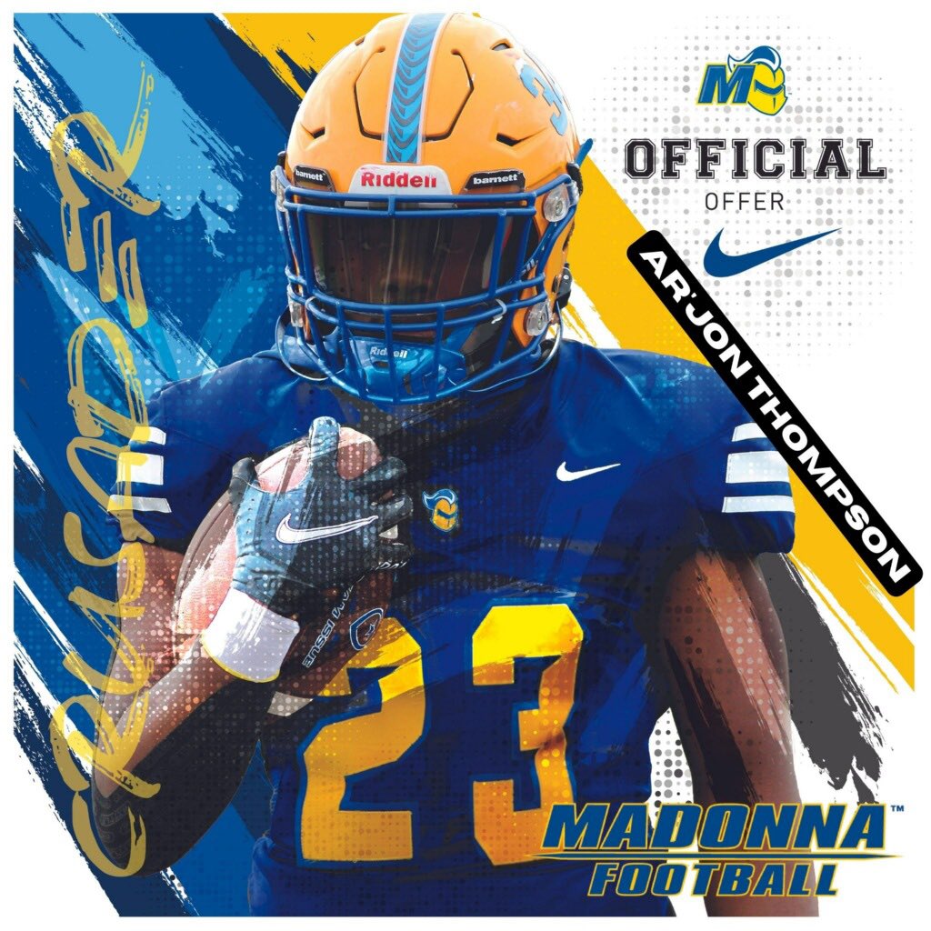 ArJon Thompson (@arjon_2) on Twitter photo Very blessed to receive my second offer from <a href="/MUCrusadersFB/">Madonna Football</a> after a great camp at the Brighton indoor facility!!! Special thanks to <a href="/CoachMMcGowan/">Coach McGowan</a> and <a href="/nicoa13/">Coach Nico Acosta</a> for being able to make this happen.
<a href="/TheD_Zone/">The D Zone</a> <a href="/MIexposure/">Michigan exposure</a> <a href="/247Sports/">247Sports</a> Very blessed to receive my second offer from <a href="/MUCrusadersFB/">Madonna Football</a> after a great camp at the Brighton indoor facility!!! Special thanks to <a href="/CoachMMcGowan/">Coach McGowan</a> and <a href="/nicoa13/">Coach Nico Acosta</a> for being able to make this happen.
<a href="/TheD_Zone/">The D Zone</a> <a href="/MIexposure/">Michigan exposure</a> <a href="/247Sports/">247Sports</a>