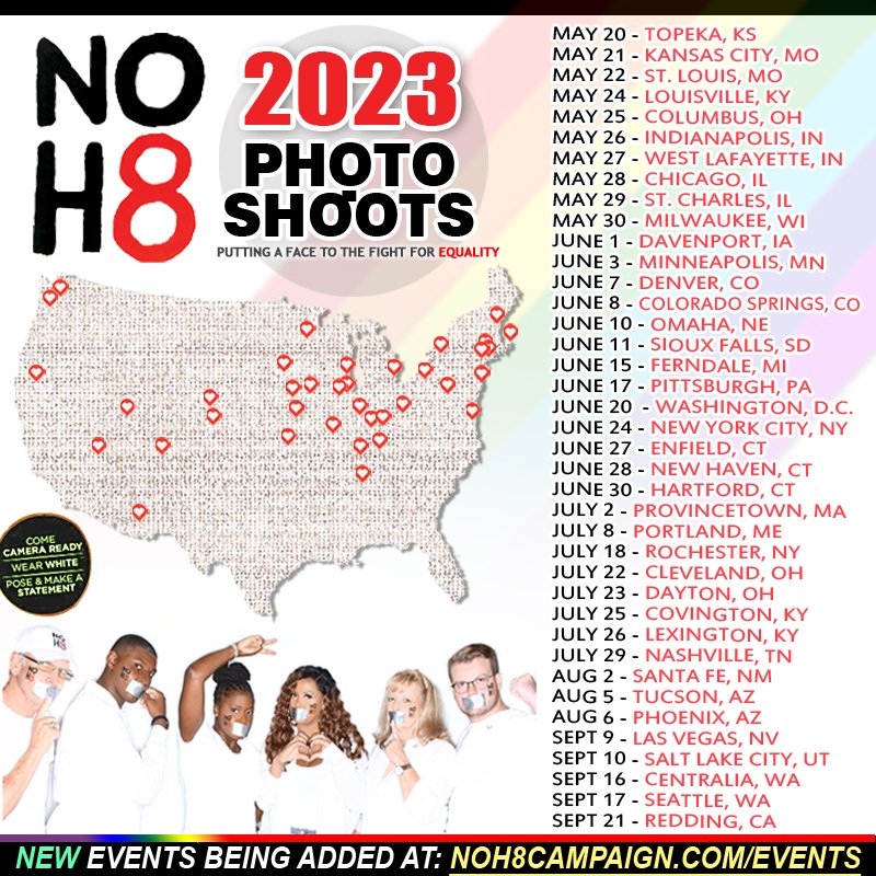 📣 NEW EVENTS ANNOUNCED! Be a part of the #NOH8 movement by joining us at one of our upcoming events! 📷🌈 More info: noh8campaign.com/events RT to help spread the word!