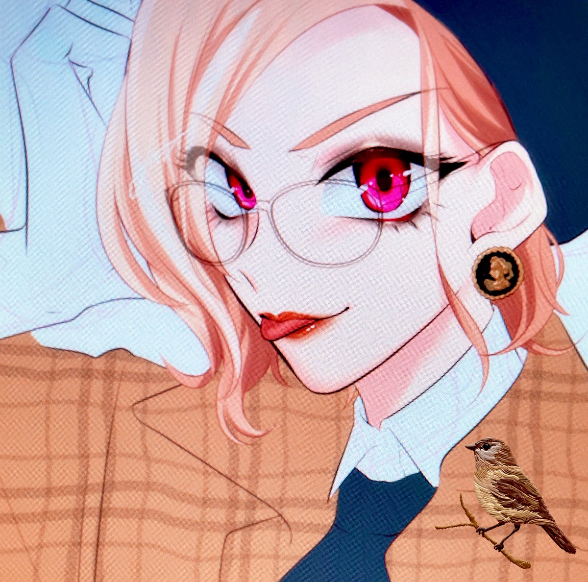 1girl earrings jewelry solo red eyes glasses bird  illustration images