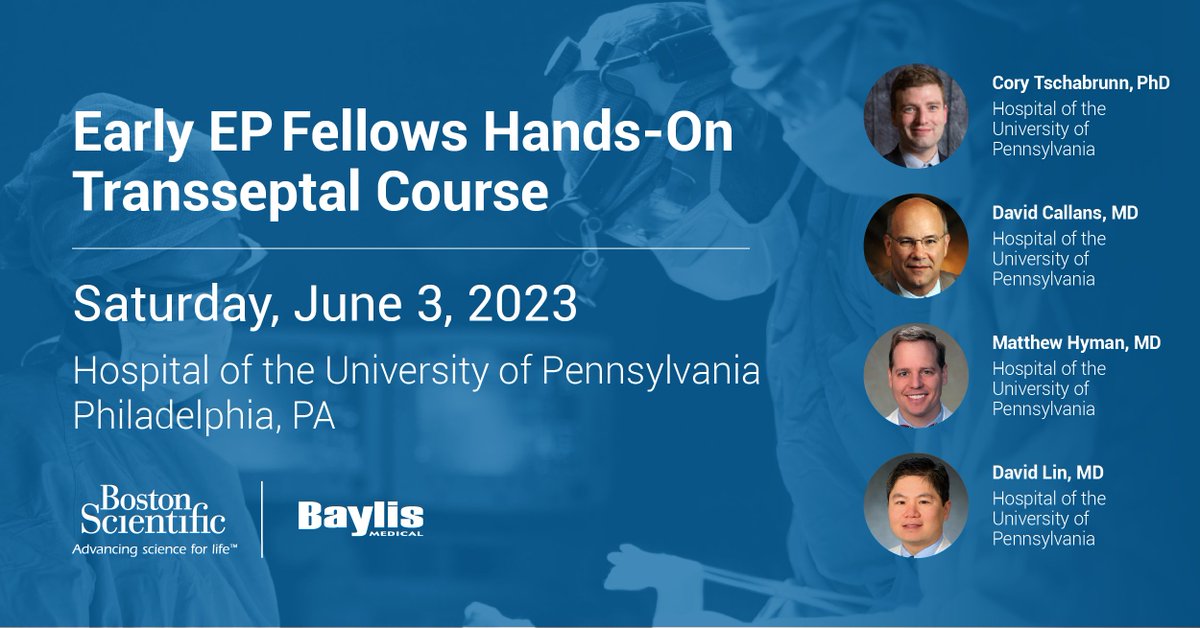 Soon to be #EPFellows - Perform your first #transseptal and more with @CMTschabrunn, @DavidCallans, David Lin & me in Philadelphia on June 3!  Unique hands-on EP course covers transseptal techniques, cardiac anatomy, imaging, 3D mapping & wet lab.  baylismedical.com/medical-educat…