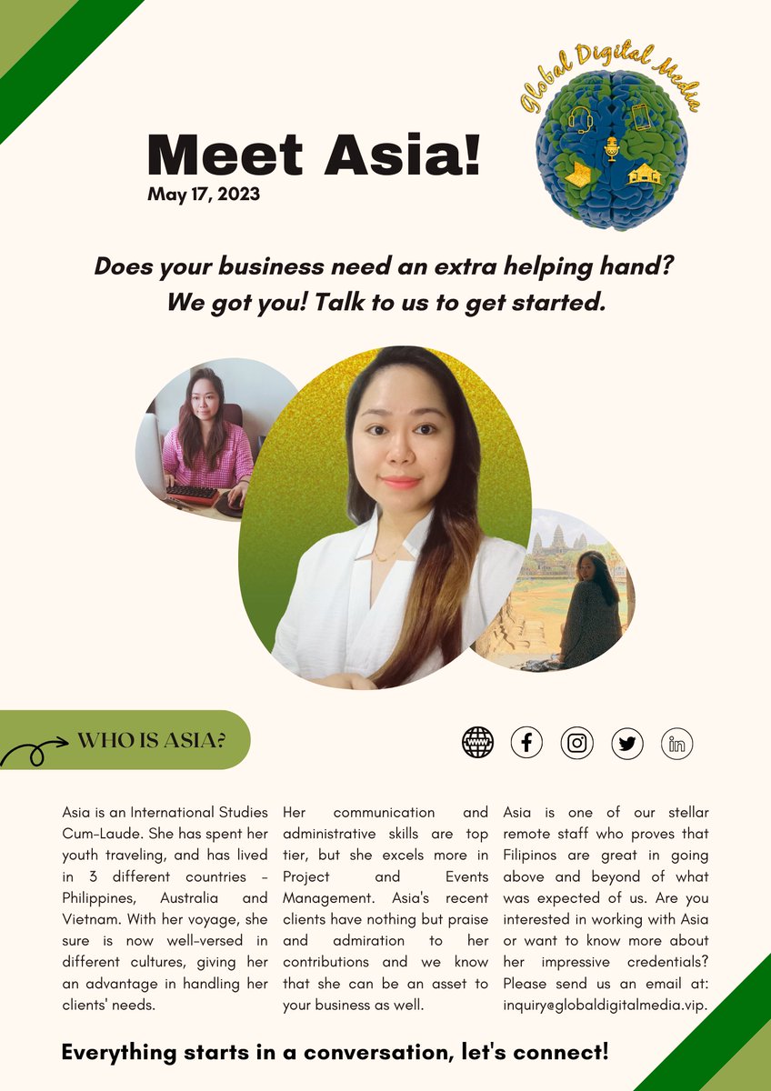 Meet Asia, an International Studies Cum-Laude who excels in Project and Events Management. She can be your next dedicated Remote Staff!

Send us an email at inquiry@globaldigitalmedia.vip.

LET’S CONNECT!!

#filipinovirtualassistant #remotestaff #adminsupport #executiveassistant