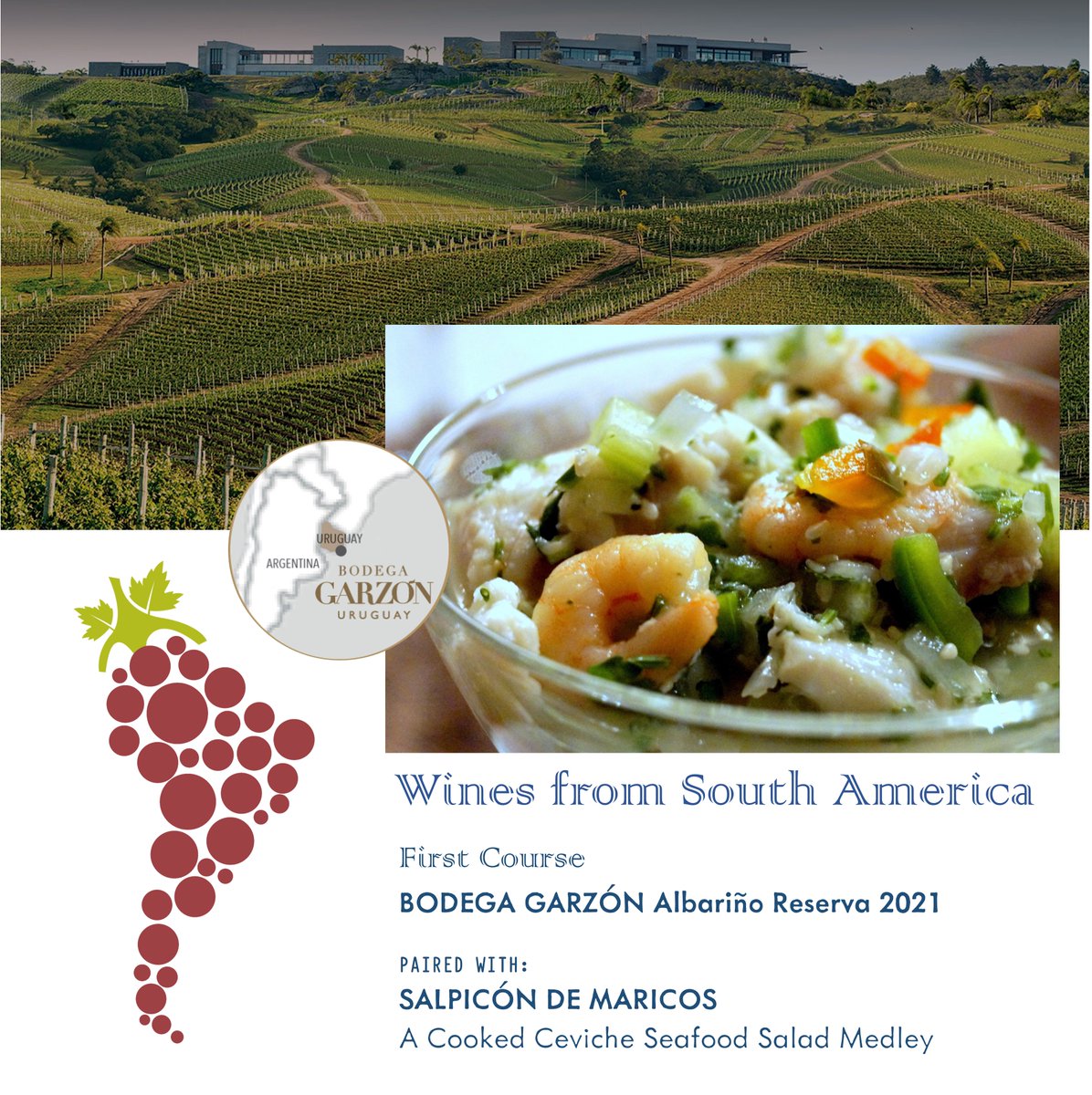 Course 2 - <a href="/BodegaGarzon/">Bodega Garzón</a> Albariño Reserva Paired with Salpicon de Maricos - a cooked ceviche seafood salad medley.   #ShapeYourDestiny   #NewWorldWineryOfTheYear #Viognier #seafood