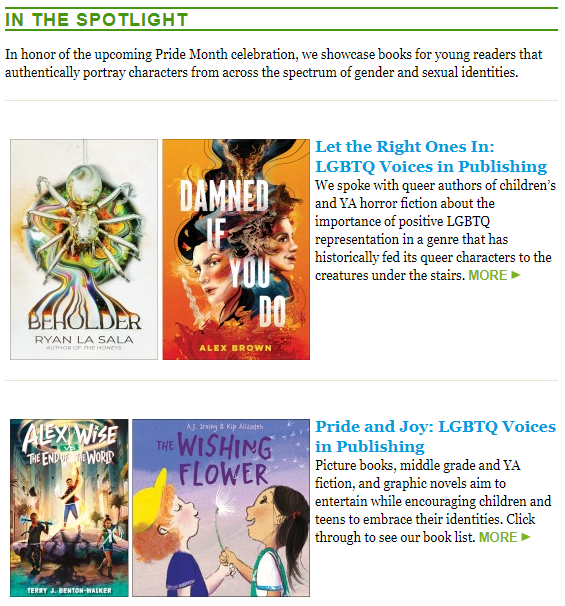 AngelaHDale's tweet photo. So much pride and love for LGBTQ+ voices reaching kids. Pictured here @aj_irving 
@kipalizadeh @tjbentonwalker  @gravity_fail09 @theryanlasala  😍🌈🔥 Check out these @PublishersWkly  spotlight articles for more https://t.co/mCWB8Dt0Xu
https://t.co/Nc3kEFDzz5 https://t.co/2oCPUheS8U