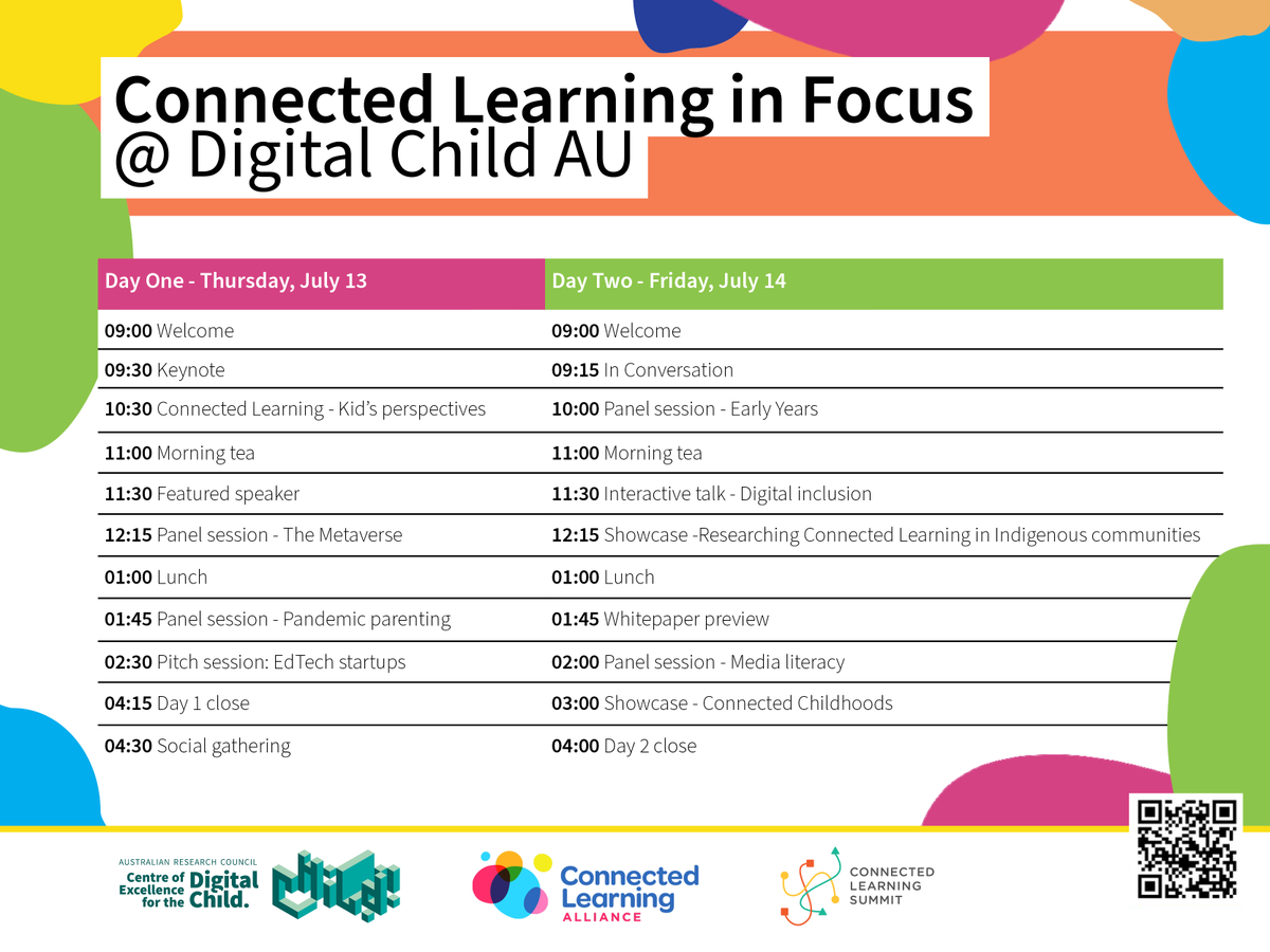 digitalchildau's tweet photo. We're excited to reveal the program outline for Connected Learning in Focus @ Digital Child AU. You can find out more + register on our website.
Stay tuned for more event announcements in the coming weeks!
@TheCLAlliance @dezuanni #CLiFDigitalChildAU #ConnectLearning https://t.co/sFnszGscpi