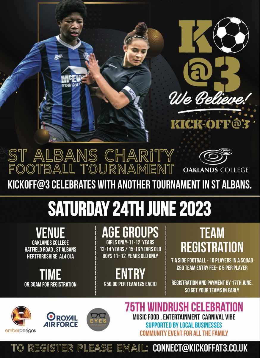 Absolutely delighted & proud to announce that we will be returning to Hertfordshire on the 24th June to be hosted @oaklandscollege with a strong push for girls teams to register & take part ⚽️. All abilities & disabilities are welcome 🙏🏾❤️. A big thank you to @EmberDesigns