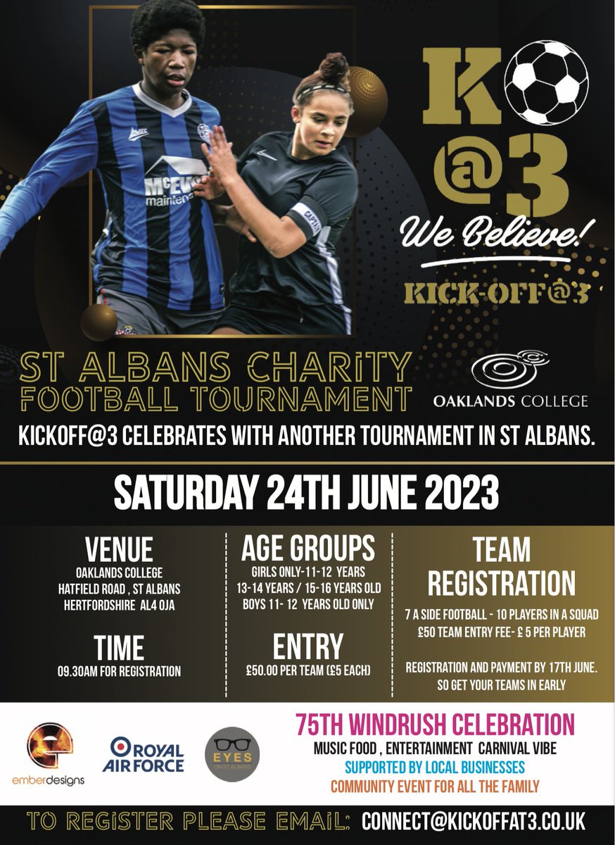 Absolutely delighted &amp; proud to announce that we will be returning to Hertfordshire on the 24th June to be hosted <a href="/oaklandscollege/">Oaklands College</a> with a strong push for girls teams to register &amp;  take part ⚽️. All abilities &amp; disabilities are welcome 🙏🏾❤️. A big thank you to <a href="/EmberDesigns/">Ember Designs</a>