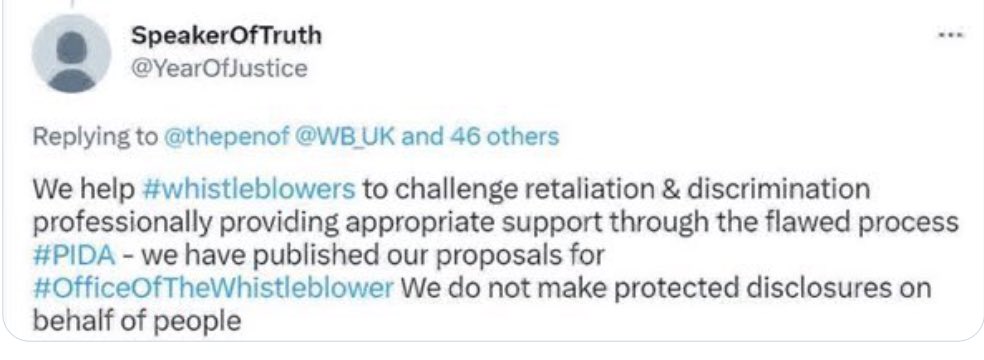 One of WBUK ‘s alt/sock/troll accounts. 
Consider it, & its behaviour towards whistlers & a charity, when considering 
#WBAW #TheFutureOfWhistleblowing #OfficeOfTheWhistleblower #BackTheBill #Safety4ALLCitizens #SaveTheDate #WBFrameworkReview #APPG #Whistleblowers…