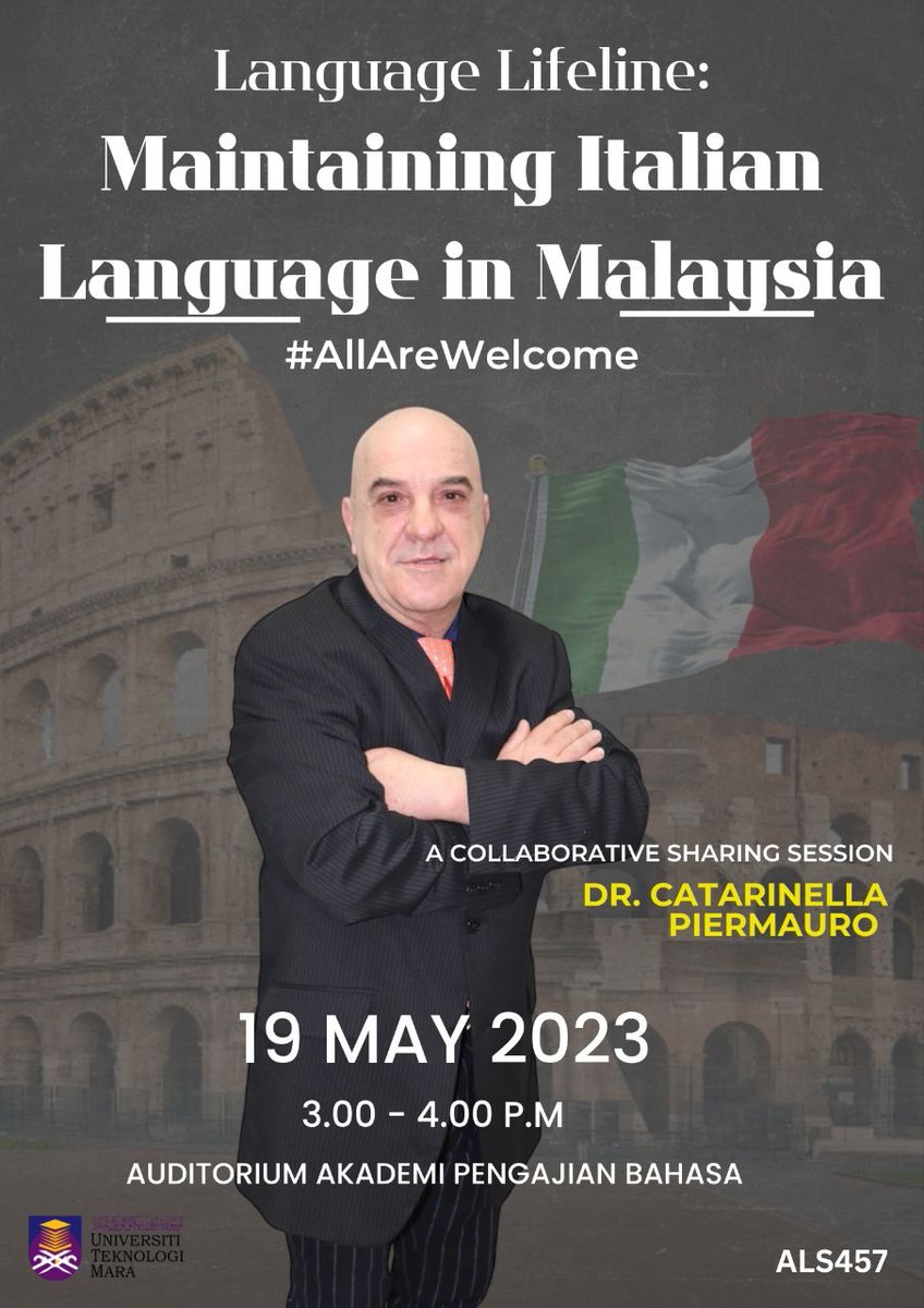 LANGUAGE LIFELINE: MAINTAINING ITALIAN LANGUAGE IN MALAYSIA

📢 Join Us for an Exciting Collaborative Sharing Session on Language Maintenance with Dr. Pier! 🌍

📅 Date: 19 May 2023 (Friday)
⏰ Time: 3.00 - 4.00 p.m.
🏢 Venue: APB Auditorium

See you there!