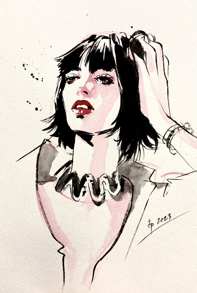 1girl black hair solo traditional media short hair jewelry lipstick  illustration images