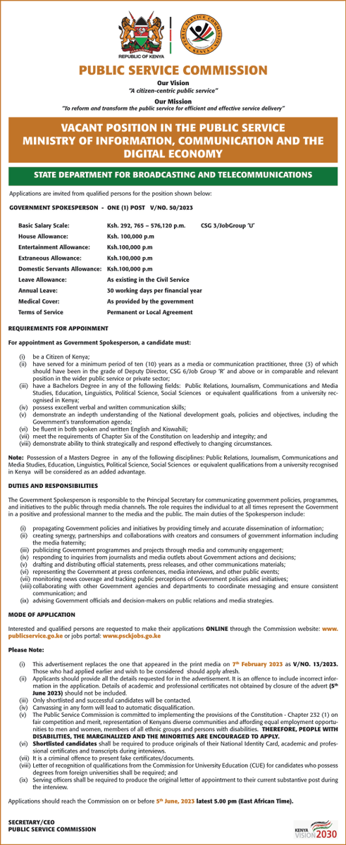PSCKenya's tweet photo. !!!! Job Alert !!!!

Declaration of Job Vacancy in the Public Service: Ministry of Information, Communication, and Digital Economy. 

Government Spokesperson - 1 Position https://t.co/Al7zv8VGin