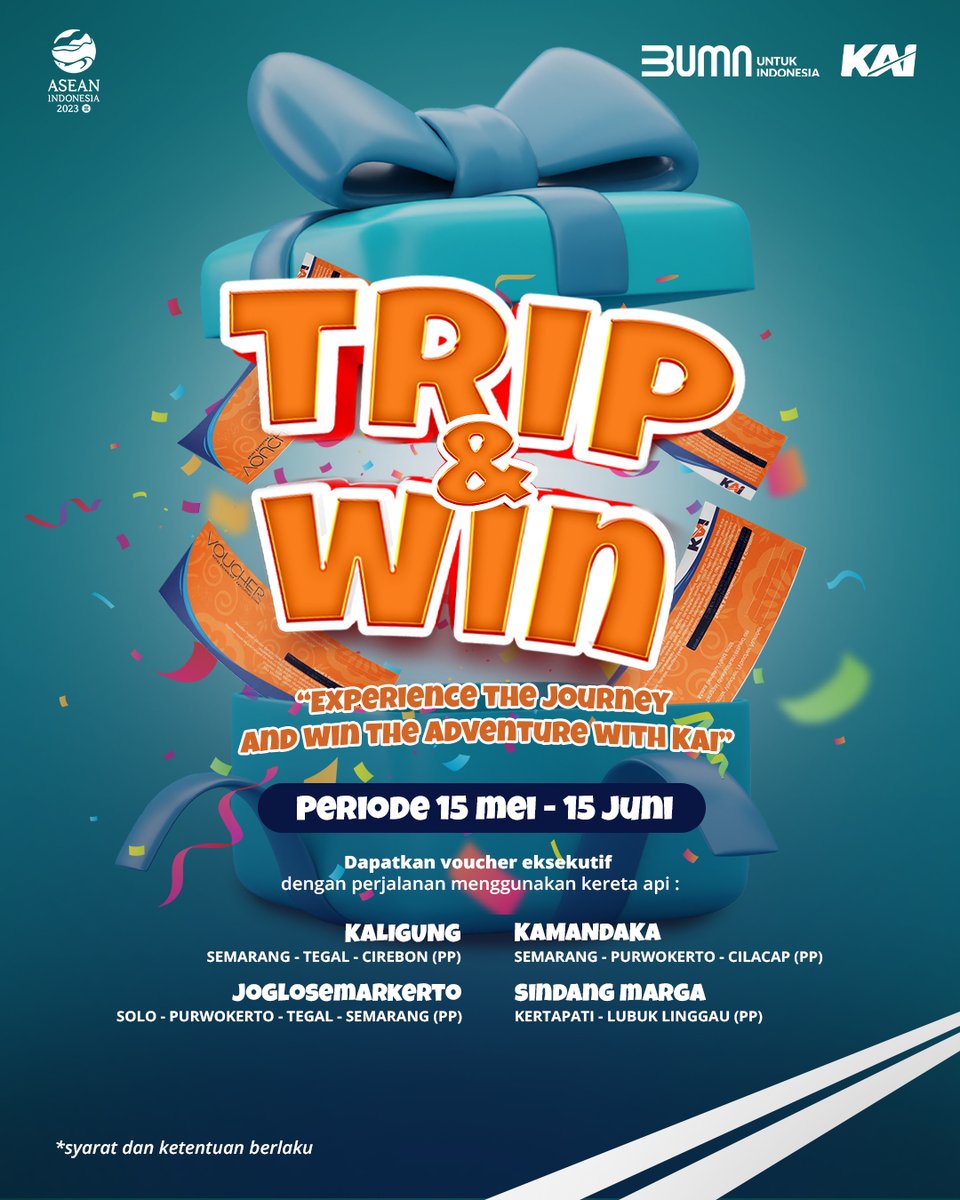 KAI121's tweet photo. Merapat Bestie, karena Trip & Win Sudah Dimulai!

Buat kalian yang sering naik KA: Kaligung, Kamandaka, Joglosemarkerto dan Sindang Marga, berkesempatan buat menangin voucher tiket kereta eksekutif nih, #SahabatKAI!

Caranya gimana, min? Nah, kalian berkesempatan mengikuti undian Trip & Win dengan bertransaksi di KAI Access dan melakukan perjalanan dengan KA-KA tersebut minimal sebanyak 6 (enam) kali, pada periode 15 Mei - 15 Juni 2023.

Akan ada 10 (sepuluh) pemenang, yang dipilih dari pengguna KA pada program Trip & Win kali ini.

Jadi, tunggu apa lagi? Yuk, ikutan! Share juga yaa postingan ini, supaya nggak ketinggalan program Trip & Win kali ini ya, bestie!

#KAI121
#TripWinKAI
#KAIAccess
#AyoNaikKereta
#KeretaApi
#KeretaApiIndonesia