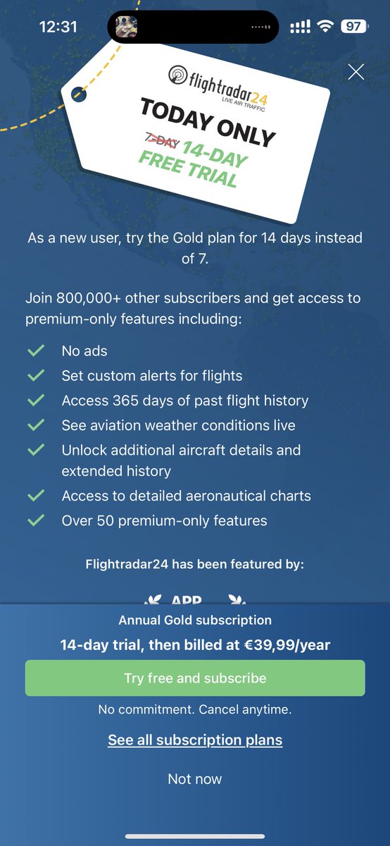 levelsio's tweet photo. My favorite app to get pricing/plan inspiration is @flightradar24 

3 plans: 
- Basic: free
- Silver: $9.99/y
- Gold: $34.99/y

And if you tap a feature you want to use but not on plan yet it shows a 🔐 and popup to upgrade

800,000 subs @ $9.99 to $34.99 = $8M to $28M revenue/y https://t.co/Ro1Igjom53