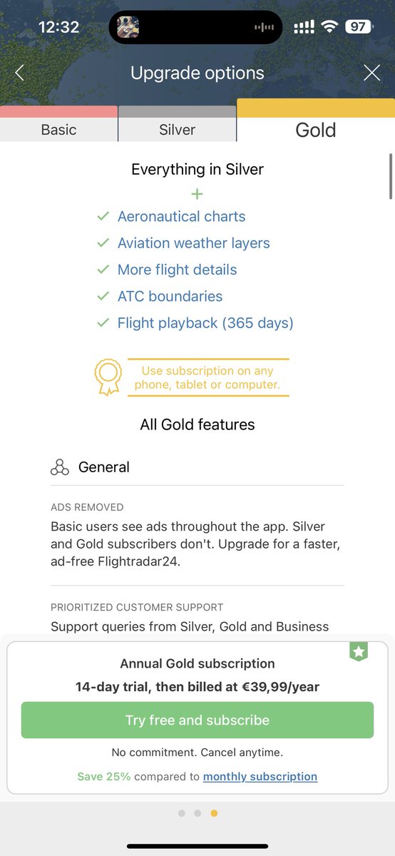 levelsio's tweet photo. My favorite app to get pricing/plan inspiration is @flightradar24 

3 plans: 
- Basic: free
- Silver: $9.99/y
- Gold: $34.99/y

And if you tap a feature you want to use but not on plan yet it shows a 🔐 and popup to upgrade

800,000 subs @ $9.99 to $34.99 = $8M to $28M revenue/y https://t.co/Ro1Igjom53