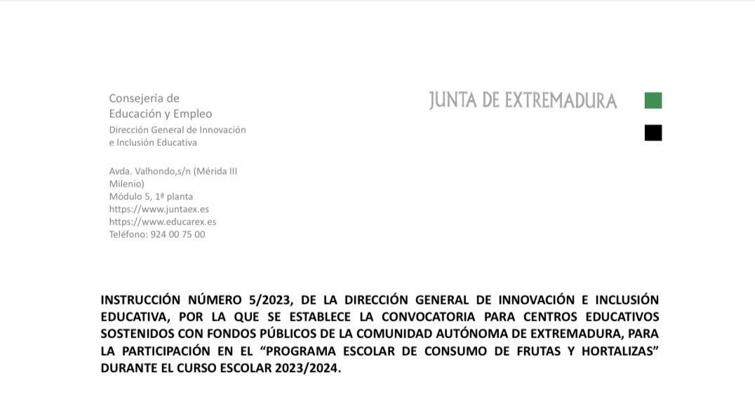 🍎🍓🍊🍐 Instrucción por la que se establece la CONVOCATORIA para centros educativos sostenidos con fondos públicos de Extremadura, para la participación en el “PROGRAMA ESCOLAR DE CONSUMO DE FRUTAS Y HORTALIZAS” durante el curso escolar 2023/2024.
➡️ educarex.es/pub/cont/com/0…