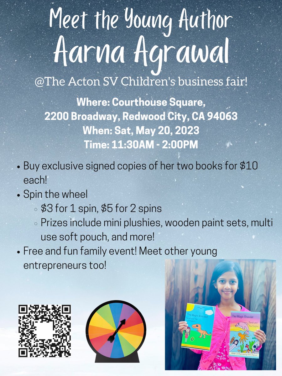 Meet 75+ kidprenuers in Courthouse Square, Redwood City! Also, stop by Aarna's stall to enter in a #Raffle and win a stem kit! #youngentrepreneur #businessfair #youngauthor #youngillustrator #youngartist #themagicbraceletseries #spinthewheel #carnivalgames #popupevent #kidlit