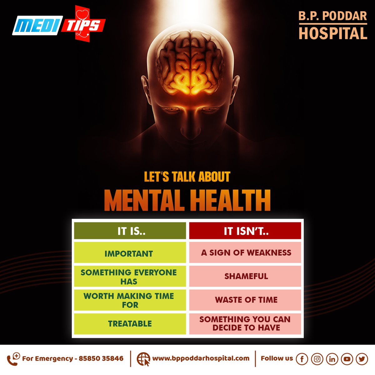 BPP_Hospital's tweet photo. The more you talk about your problems, the lighter you will feel.
#meditipsfrombpph #mentalhealth #depression #anxiety #mentalhealthawarnessmonth #talktoafriend #health #CommittedToCare #BPPoddarHospital https://t.co/xaVqfS9cgb