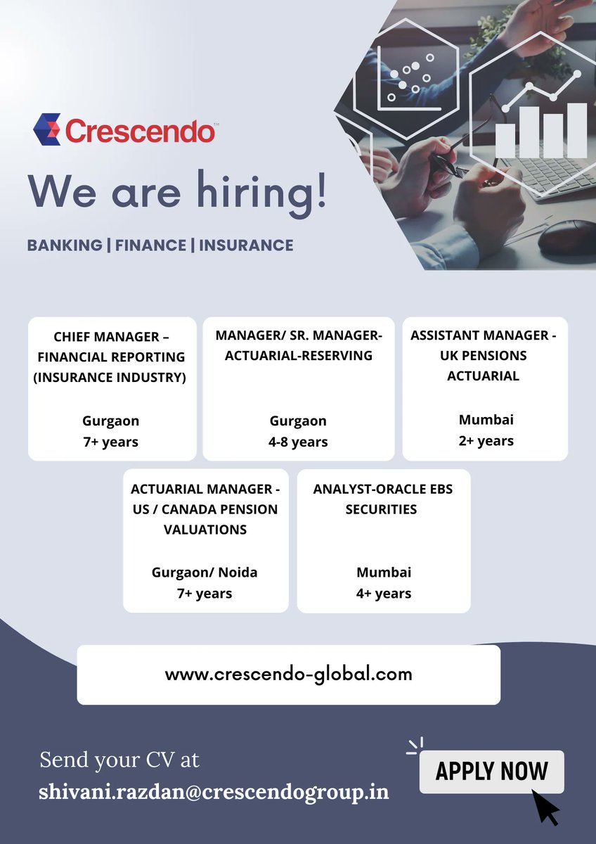 We are hiring!
Apply on our website buff.ly/3WuWy1Q 

buff.ly/434OKWV 
buff.ly/3oajk2C 
buff.ly/3BzuoJZ 
buff.ly/3BxMiNb 
buff.ly/3BChbzZ 

Share your resume at shivani.razdan@crescendogroup.in

#banking #finance #insurance