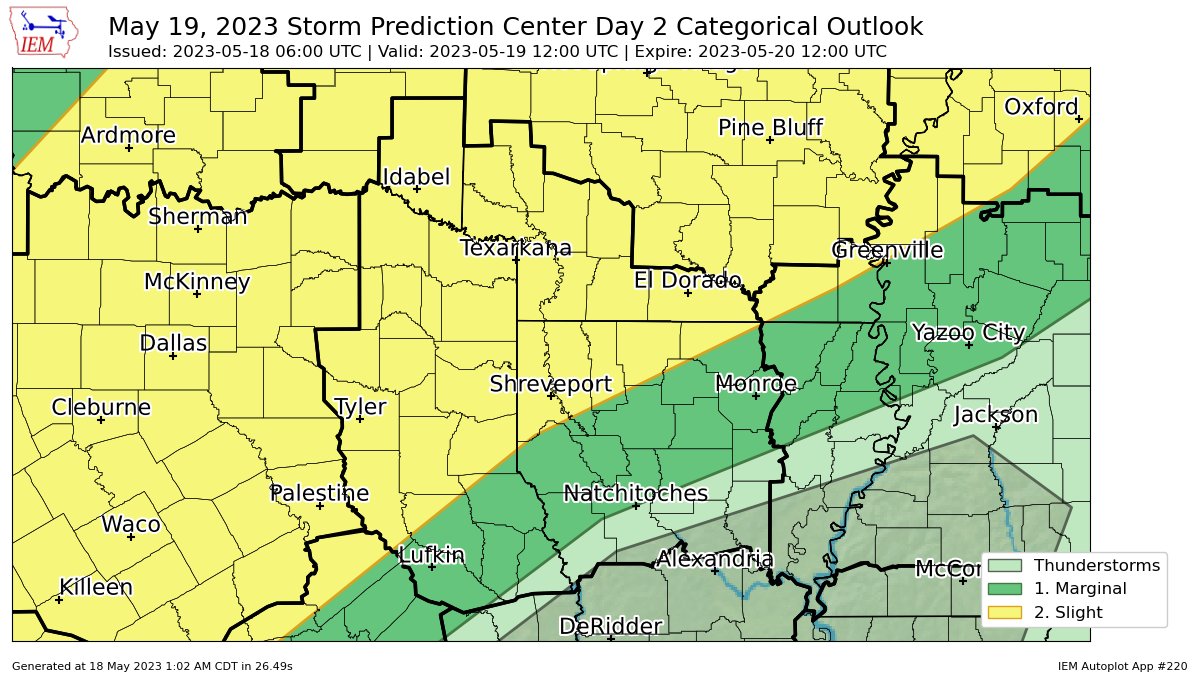 SPC issues Day 2 Slight Convective Risk at May 18, 6:00z for SHV spc.noaa.gov/products/outlo…