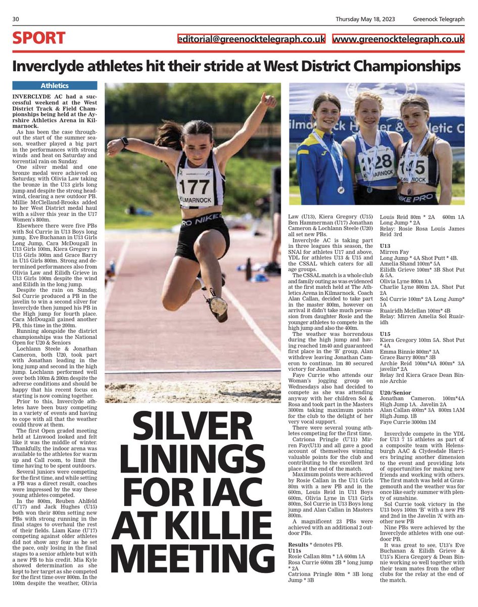 inverclyde_ac's tweet photo. Great article in today’s @greenocktele featuring the recent West District Track &amp; Field Champs 🙌🌟@SALDevelopment @ActiveSchoolsIC https://t.co/xmccIf5n3p