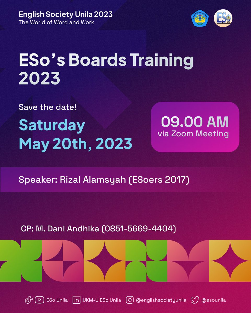 🔊 Calling out ESo’s Boards of 2023! 🔊

You are essentially invited to attend:
“ESo’s Boards Training 2023”

Speaker: Rizal Alamsyah (ESoers 2017)

SAVE THE DATE:
🗓: Saturday, 20th May 2023
⏰: 09:00 WIB - Finish
📍: Online (Zoom Meeting)

Be ready and see you! ✨