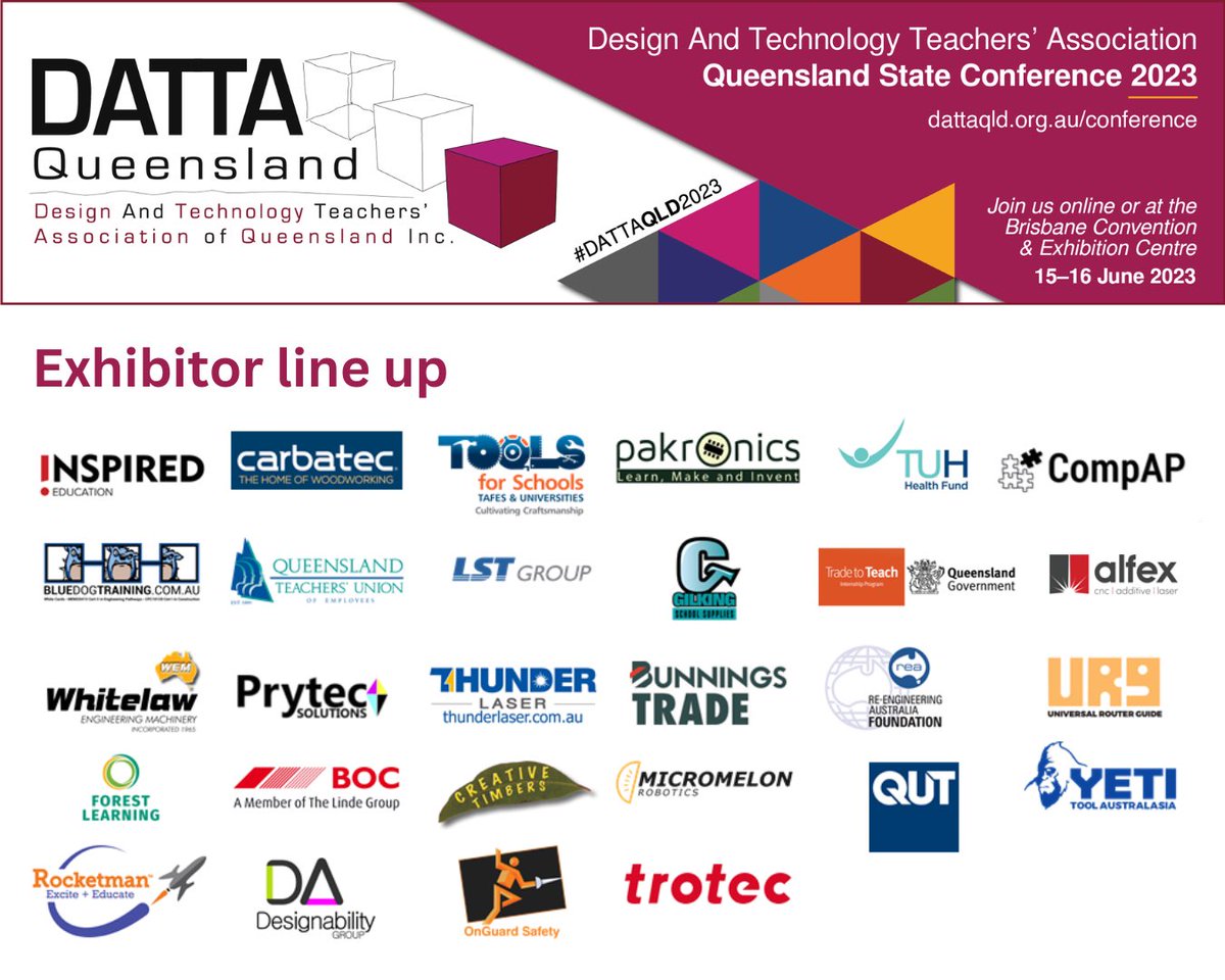 One of the best parts of the #DATTAQLD2023 Conference is the range of exhibitors on display to learn, engage and network with, and the 2023 line up is set to be the best yet. Take a look at dattaqld.org.au/conference/spo… #designtech #education #letsmeetagain #Brisbane #qldschools #PD