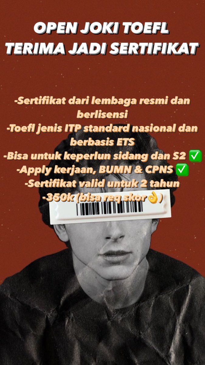 jokitoeflforyou's tweet photo. OPEN JOKI TOEFL! Halo, buat tmen tmen yang butuh jasa Joki TOEFL bisa langsung dengan kami yaa, bisa langsung terima jd sertifikat juga. Testimoni udh 200++. Termurah dan terpercaya🙌
#testtoefl
#toeflitp
#jokitoefl https://t.co/hDEcJJ3Igt