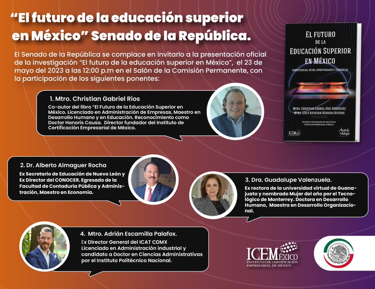 senadomexicano's tweet photo. El senador @ramirezlalo_ invita a la presentación del libro "El futuro de la Educación Superior en México: Competencias, retos, oportunidades y tendencias".
📆 23 de mayo.
⌚️ 12:00 horas. https://t.co/Yq15PiT0Cb