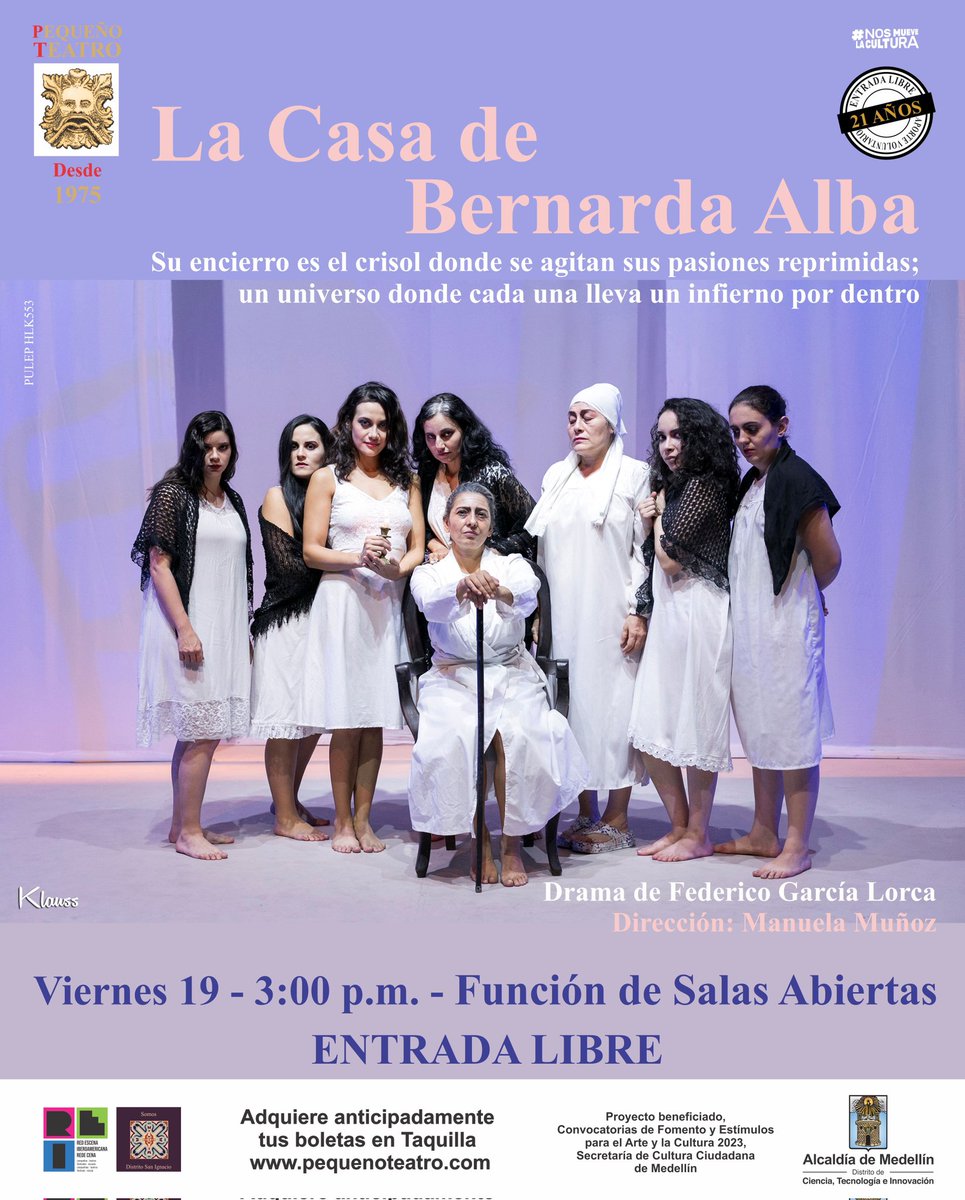 Pequeno_TeatroM's tweet photo. Este viernes -3:00 p.m.- función de #SalasAbiertas con LA CASA DE BERNARDA ALBA

Un programa de @AlcaldiadeMed con ENTRADA LIBRE
Boletas en taquilla 

Una pieza en la que Federico García Lorca condensa las pasiones, las rivalidades, las luchas y desamores de 8 mujeres... https://t.co/l84P4xW33y