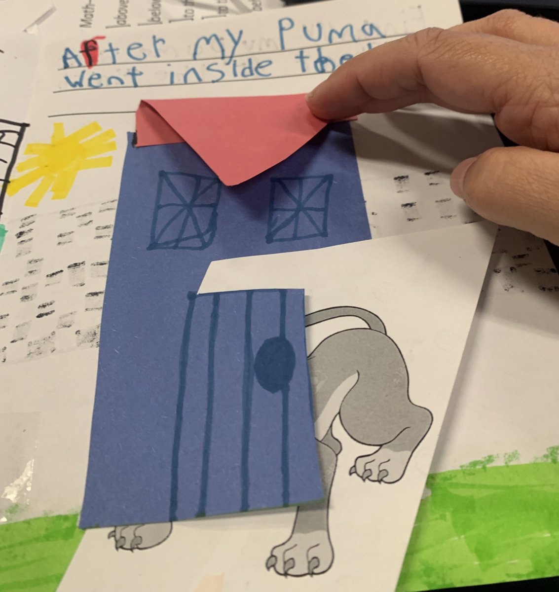 Grade1F's tweet image. Spatial Sense - Gr 1 mathematicians &amp;amp; authors @Panabaker_HWDSB wrote positional language books with a moveable Puma. Where does the Puma go first, after that, &amp;amp; at the end? Above, below, to the left of, to the right of, and more! Great sentence writing &amp;amp; use of math words, Pumas!