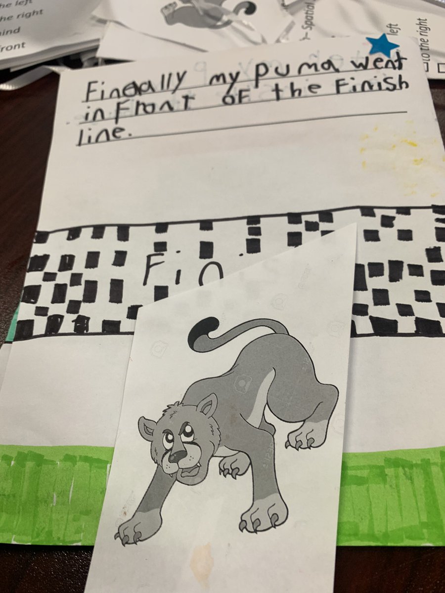 Grade1F's tweet image. Spatial Sense - Gr 1 mathematicians &amp;amp; authors @Panabaker_HWDSB wrote positional language books with a moveable Puma. Where does the Puma go first, after that, &amp;amp; at the end? Above, below, to the left of, to the right of, and more! Great sentence writing &amp;amp; use of math words, Pumas!