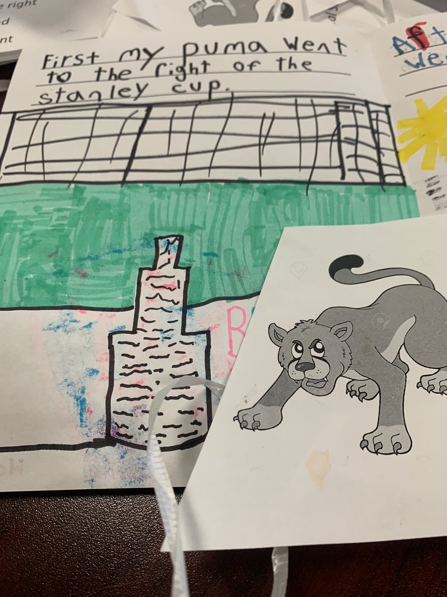 Grade1F's tweet image. Spatial Sense - Gr 1 mathematicians &amp;amp; authors @Panabaker_HWDSB wrote positional language books with a moveable Puma. Where does the Puma go first, after that, &amp;amp; at the end? Above, below, to the left of, to the right of, and more! Great sentence writing &amp;amp; use of math words, Pumas!