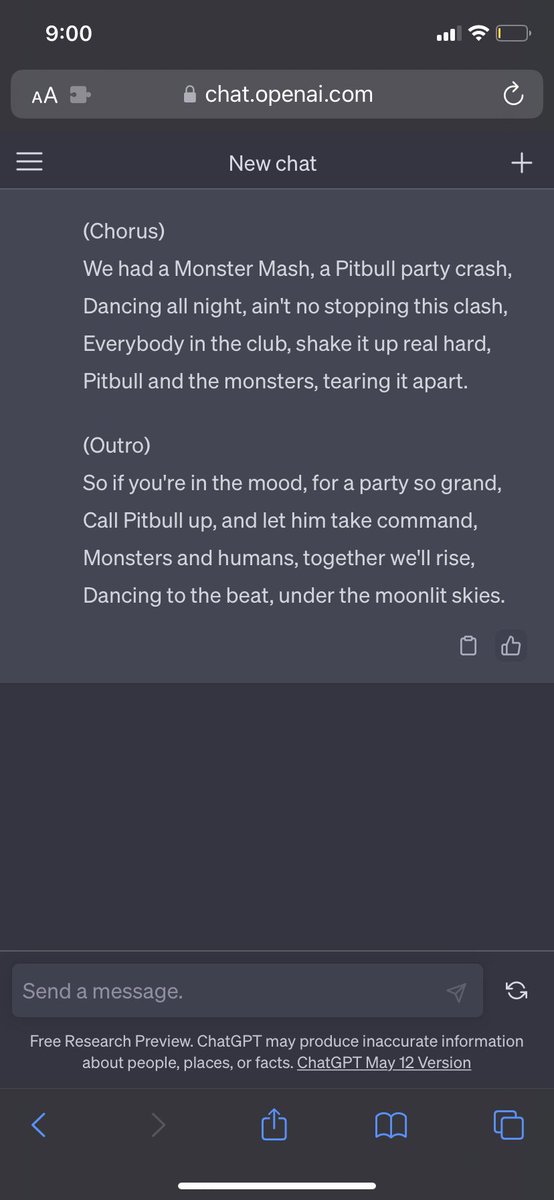 I asked Chat GPT to rewrite the monster mash song in the style of Pitbull.

Did not disappoint.