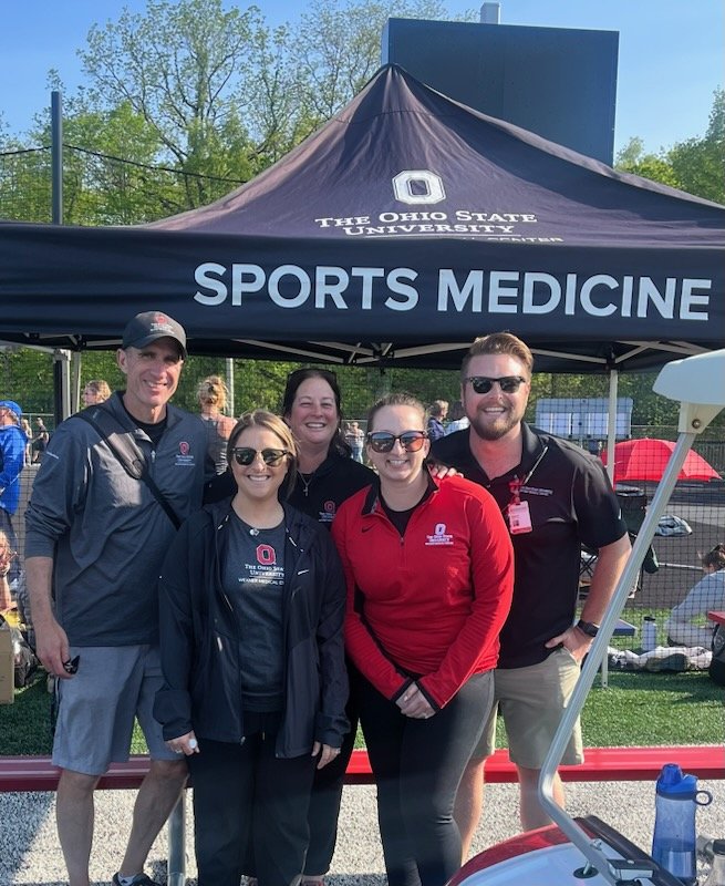 BlueAceSportsAT's tweet photo. A busy last 2 days covering District Track @GV_Blue_Aces .  Great help from my @OSUWexMed co-workers: Julie, Kasey, Joe, Megan, Kayla &amp; Leanza!  And no ATs were harmed in the making of these pics! 😉 @VOBrien1003 https://t.co/x9jYaaEhHA