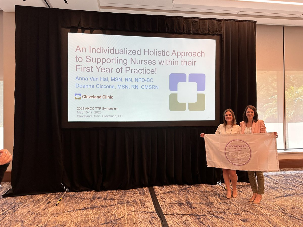KStuckBoyd's tweet photo. @ClevelandClinic  Success Coaches Anna VanHal and Deanna Ciccone’s presentation on holistic support in our #CleClinicNurse Residency Program won the PTAP Pitch award at the #ANCC Practice Transition Symposium. Congratulations! 💚💙💚💙 @lisabaszynski https://t.co/wJlzgPQGyr