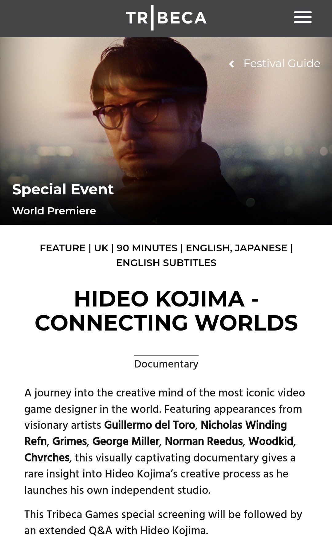 𝑵𝒊𝒄𝒐𝒍𝒂𝒔 𝑾𝒊𝒏𝒅𝒊𝒏𝒈 𝑹𝒆𝒇𝒏 𝑭𝒂𝒏𝒔 on X: 'HIDEO KOJIMA - CONNECTING  WORLDS' will have its World Premiere at @Tribeca Film Festival Featuring  appearances in the doc : Guillermo del Toro, Nicolas Winding Refn