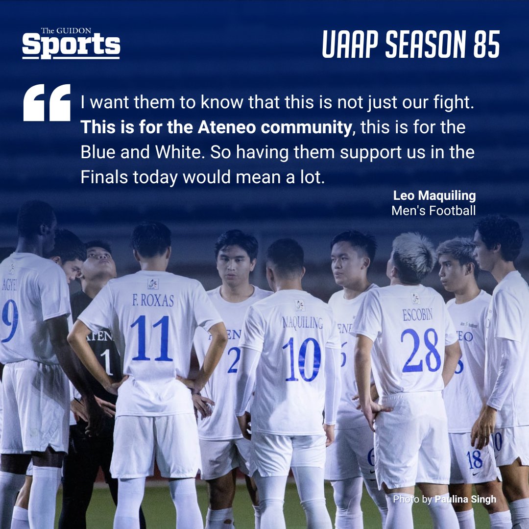 TheGUIDONSports's tweet image. As the Ateneo Men’s Football Team prepares for its upcoming Finals match against the Far Eastern University Tamaraws, forward Leo Maquiling reassures the Ateneo faithful that the team will give its all on the field this afternoon.  

#UAAPFootball