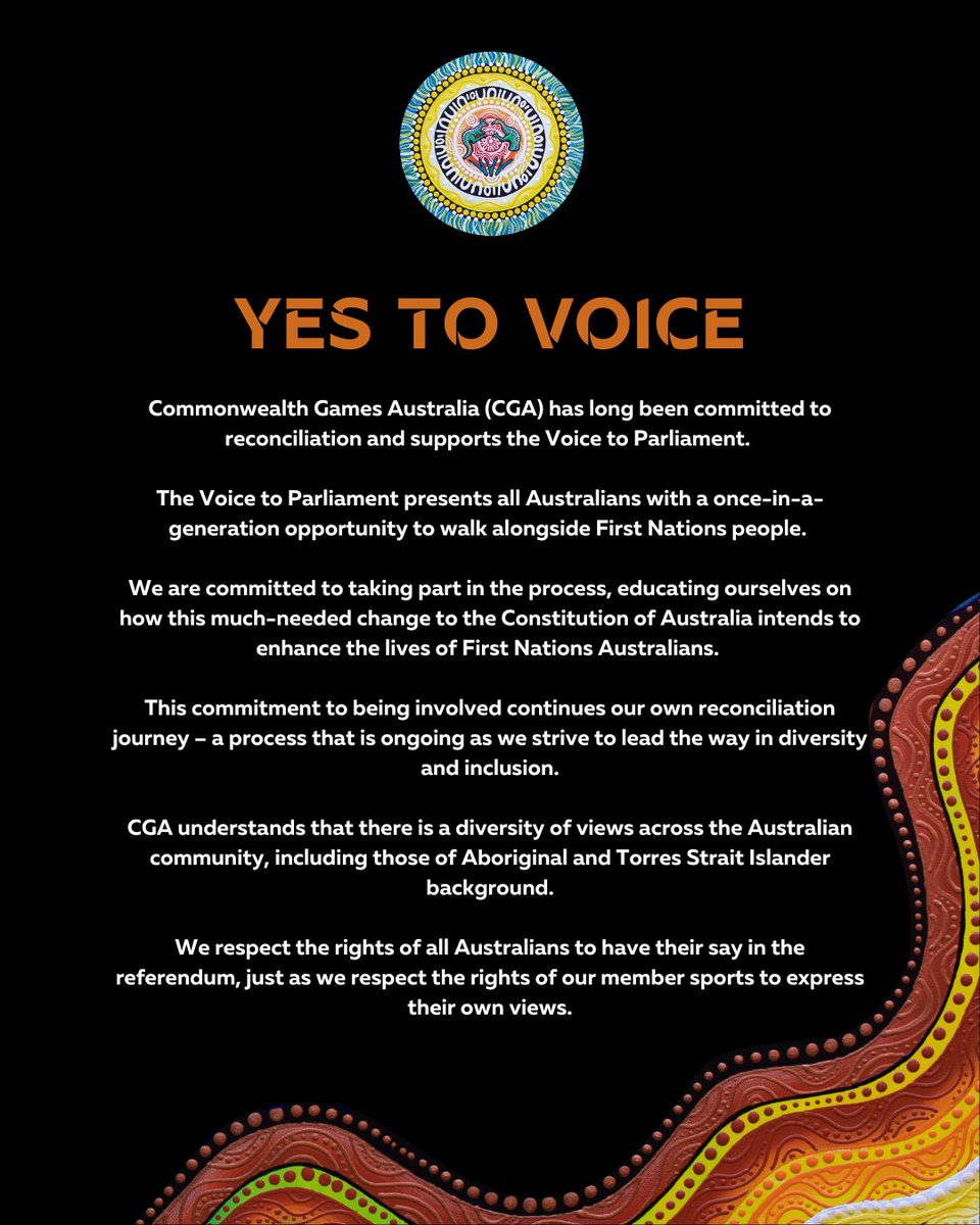 “We will be advocating for the YES campaign."

Commonwealth Games Australia has today announced its support for the YES campaign for the upcoming referendum on a Voice to Parliament for First Nations Australians.

Read more: bit.ly/3Mda2uJ