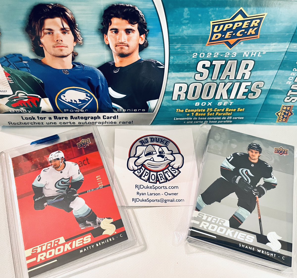 Stopped by @RJDukeSports before the Stars vs Kraken Game 7 and snagged a great deal on the NHL Star Rookies set and pulled this sweet #MattyBeniers Red /99! The game didn’t end how I wanted but this pull did! Thanks for the suggestion and #GoKraken🦑