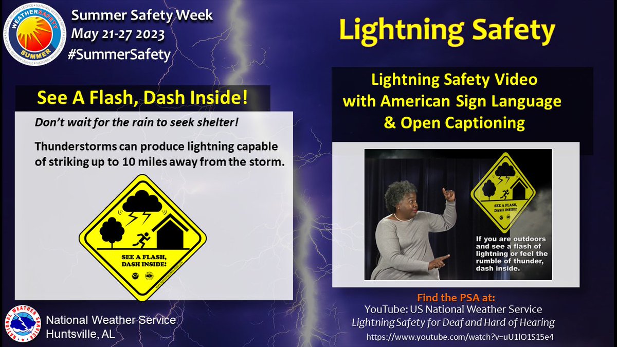 NWSHuntsville: ⚡#LightningSafety Tip: Don't wait for the rain to seek shelter, when you "See a Flash, Dash Inside!"
🧏‍♀️This Lightning Safety PSA is in #ASL, &amp; narrated &amp; captioned in English, so that everyone can use it! 🤟
👉PSA Link: …