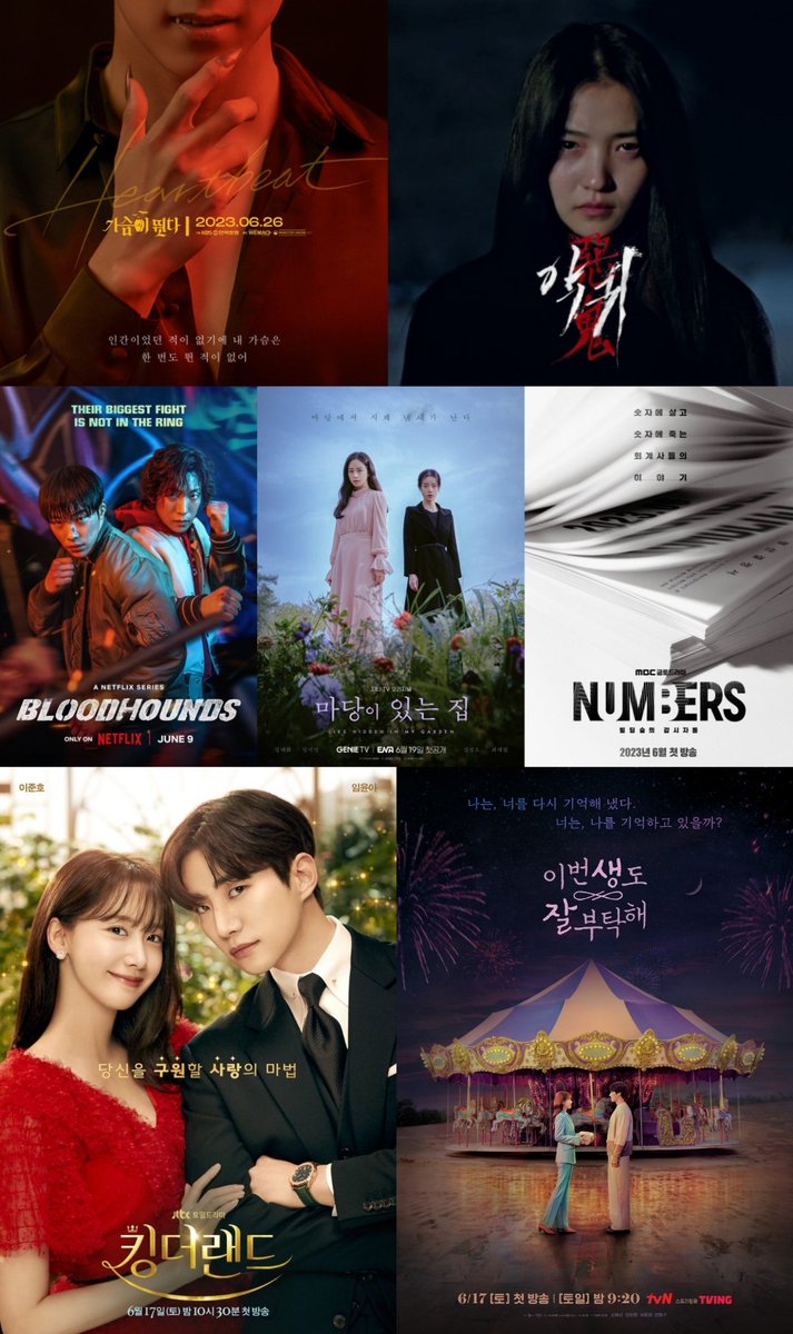Korb_blog's tweet photo. New K-dramas (so far) in June 2023:

09 #Bloodhounds (Netflix)
17 #KingTheLand (JTBC/Netflix) #SeeYouinMy19thLife (tvN/Netflix)
19 #LiesHiddenInMyGarden (ENA)
26 #Heartbeat (KBS2)
 
Date TBA:
#TheDevil (SBS/Disney+)
#Numbers (MBC)

https://t.co/pXcMvG7B5h https://t.co/VMjDHi5jAf