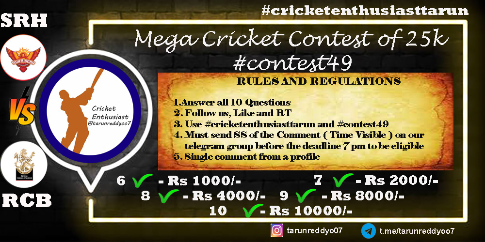 tarunreddyoo7's tweet photo. 1/7
🚨#contest49
Mega Cricket Contest of 25K  #SRHvsRCB 
Deadline- 7pm
.
*𝙈𝙪𝙨𝙩 𝙨𝙚𝙣𝙙 𝙎𝙎 𝙤𝙛 𝘾𝙤𝙢𝙢𝙚𝙣𝙩 (𝙏𝙞𝙢𝙚 𝙫𝙞𝙨𝙞𝙗𝙡𝙚) 𝙤𝙣 𝙏𝙚𝙡𝙚𝙜𝙧𝙖𝙢  𝙗𝙚𝙛𝙤𝙧𝙚 𝙙𝙚𝙖𝙙𝙡𝙞𝙣𝙚, 7𝙥𝙢 𝙩𝙤 𝙗𝙚 𝙚𝙡𝙞𝙜𝙞𝙗𝙡𝙚*
( Link - https://t.co/zwnXJrQN7A………)
. https://t.co/18vFw5gojb