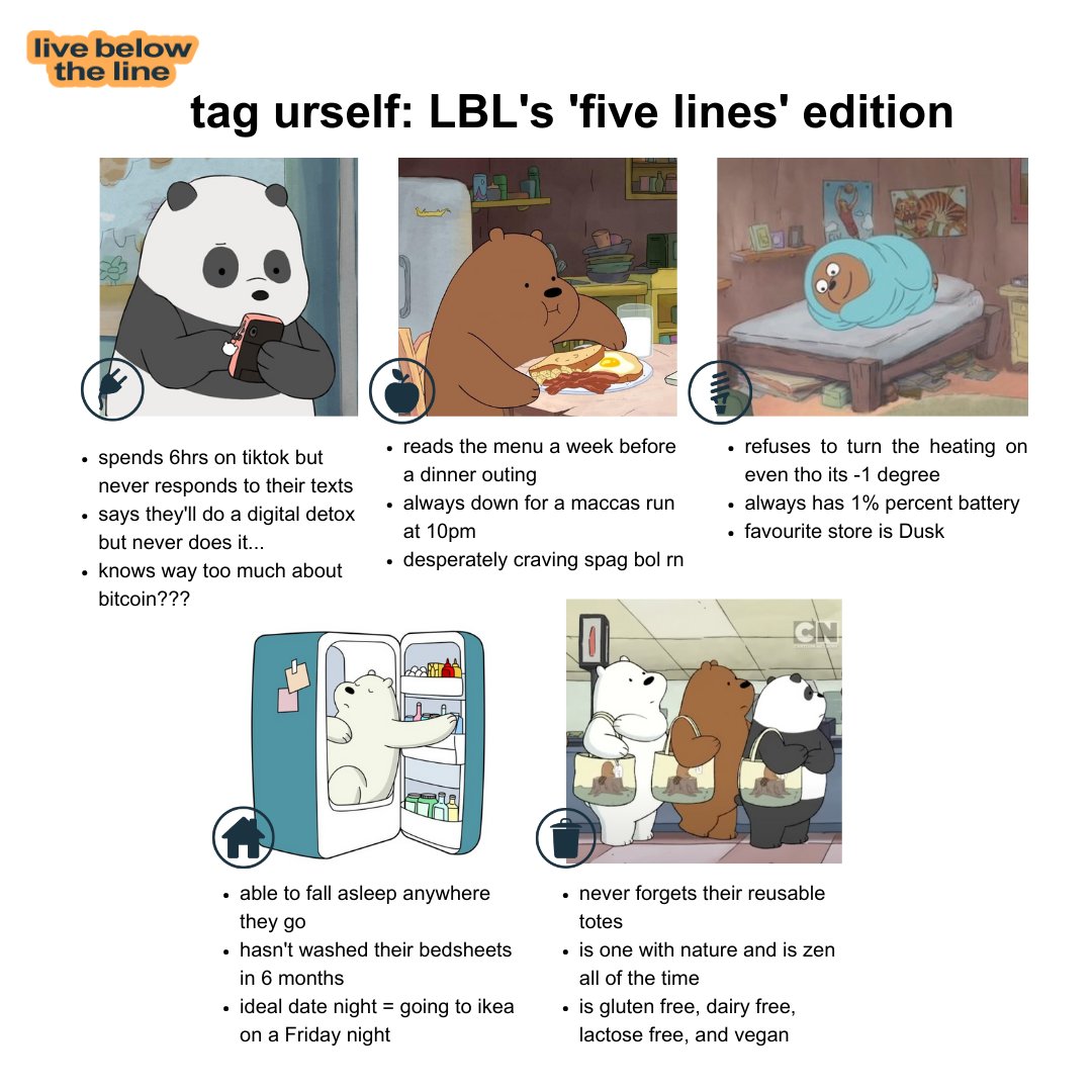 TAG URSELF #LBL2023 Edition. Which of the five lines do you relate to the most? No judgement here 👀

#livebelowtheline #LBL23 #oaktree #meme #tagurself