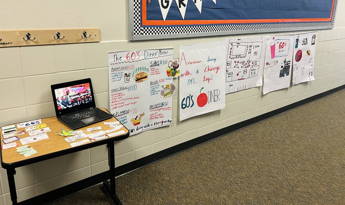 msarneson's tweet photo. Create a restaurant day! The 60’s Diner concept was so fun &amp; we even learned some new dances moves for our gallery walk! — “American Dining with a Cherry on Top!” 🍒🍒 @cobb_cyclones @CobbMSCyclones 🌪️ #FISDmadetoshine 🌟 https://t.co/8rQU3z6RJ5