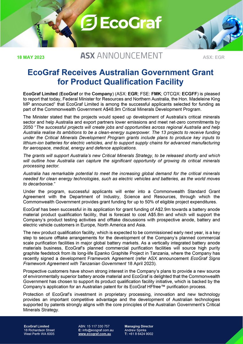 EcoGraf's tweet photo. EcoGraf Receives Australian Government Grant
for Product Qualification Facility.
Read More > https://t.co/9NsbO79KxD
ASX: $EGR FSE: $FMK OTCQX: $ECGFF
Extract. Upgrade. Recycle.
#CriticalMinerals #LowerEmissions #NetZero #LiBattery #EV #SupplyChain #HFfree #CleanEnergy https://t.co/7HT0lWzNip